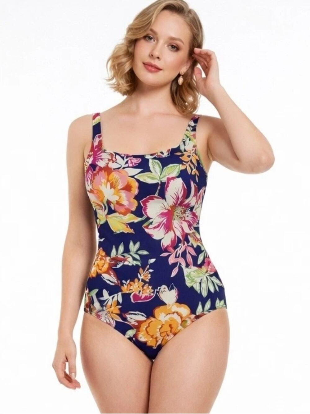 Anne Cole Navy Floral Square-Neck One-Piece Swimsuit Size 16 New